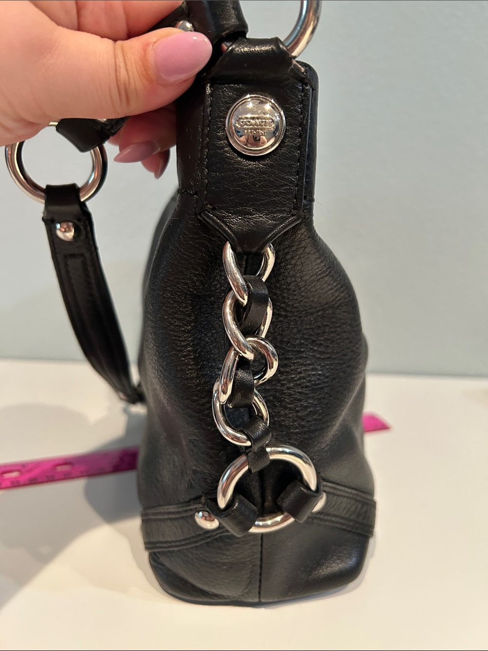 Black Leather Shoulder Bag with Silver Hardware* - Picture 4 of 6